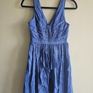 Anthropologie Blue Linen Silk Ruched Ruffle V-Neck Cocktail Dress sz 0